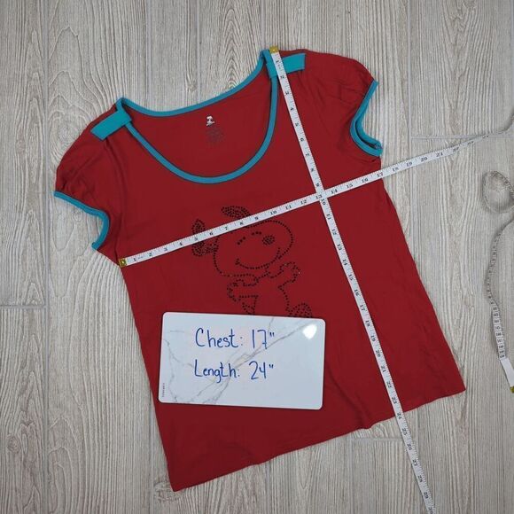 Peanuts Snoopy Babydoll T-Shirt Black Rhinestone Snoopy Outline Red and Blue Sz - Picture 3 of 7